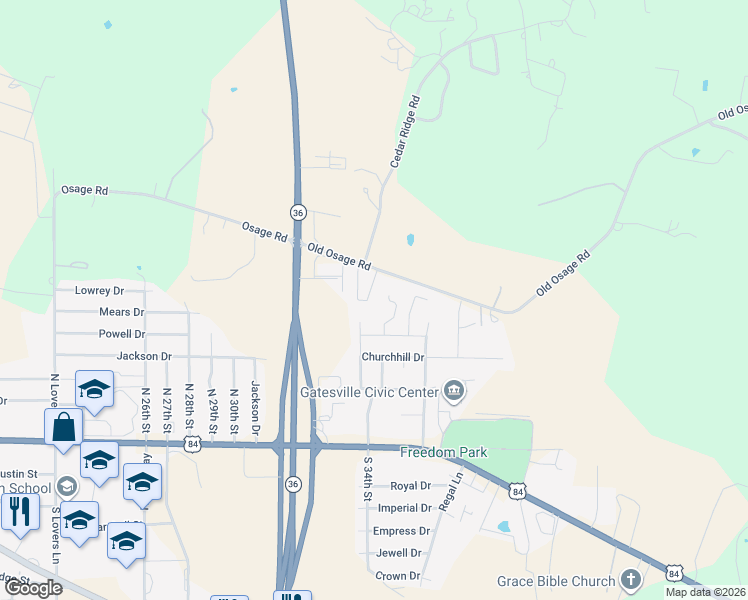 map of restaurants, bars, coffee shops, grocery stores, and more near 248 Old Osage Road in Gatesville