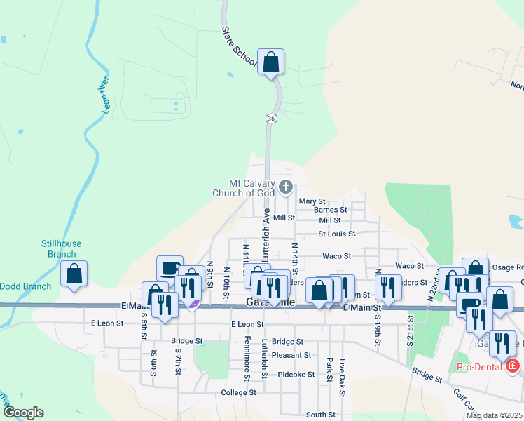 map of restaurants, bars, coffee shops, grocery stores, and more near 505 North Lutterloh Avenue in Gatesville
