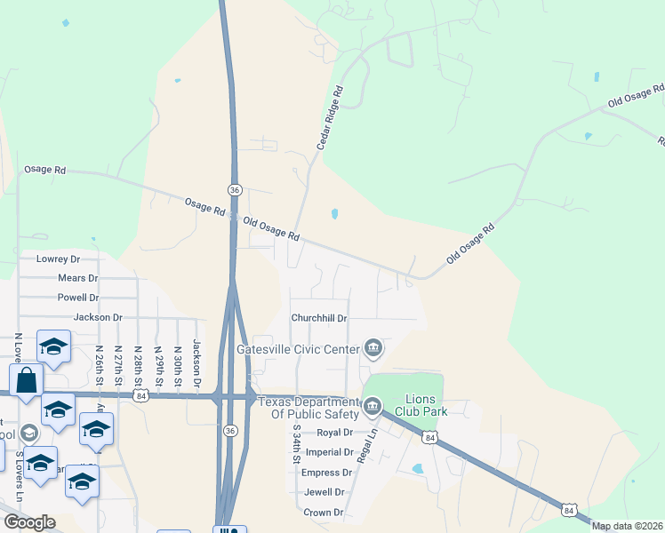 map of restaurants, bars, coffee shops, grocery stores, and more near 517 Fieldstone Drive in Gatesville