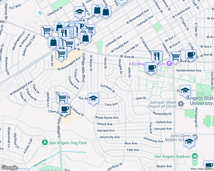 map of restaurants, bars, coffee shops, grocery stores, and more near 2130 Sul Ross Street in San Angelo