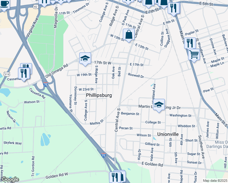 map of restaurants, bars, coffee shops, grocery stores, and more near 2111 Oak Avenue in Tifton