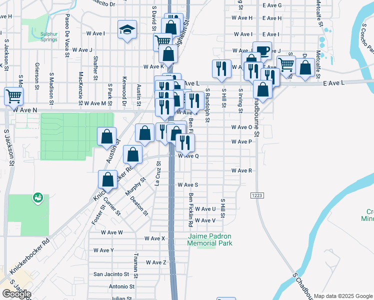map of restaurants, bars, coffee shops, grocery stores, and more near 328 West Avenue Q in San Angelo