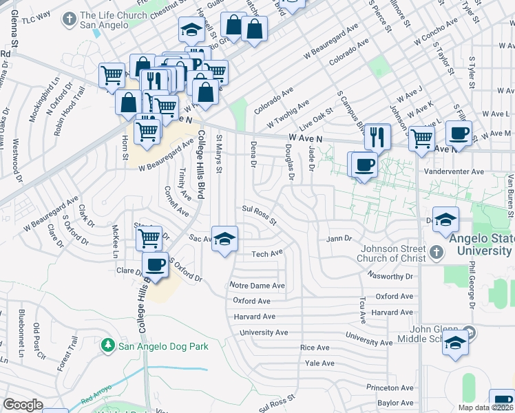 map of restaurants, bars, coffee shops, grocery stores, and more near 2130 Sul Ross Street in San Angelo
