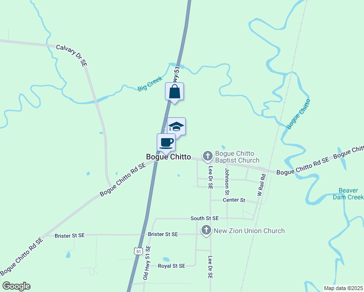 map of restaurants, bars, coffee shops, grocery stores, and more near 385 Monticello Street Southeast in Bogue Chitto