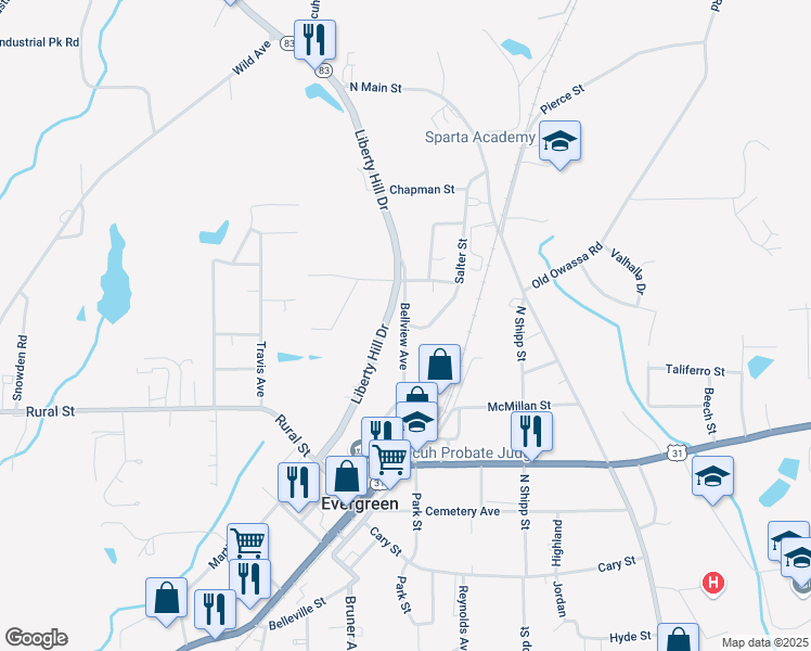 map of restaurants, bars, coffee shops, grocery stores, and more near 301 Bellview Avenue in Evergreen