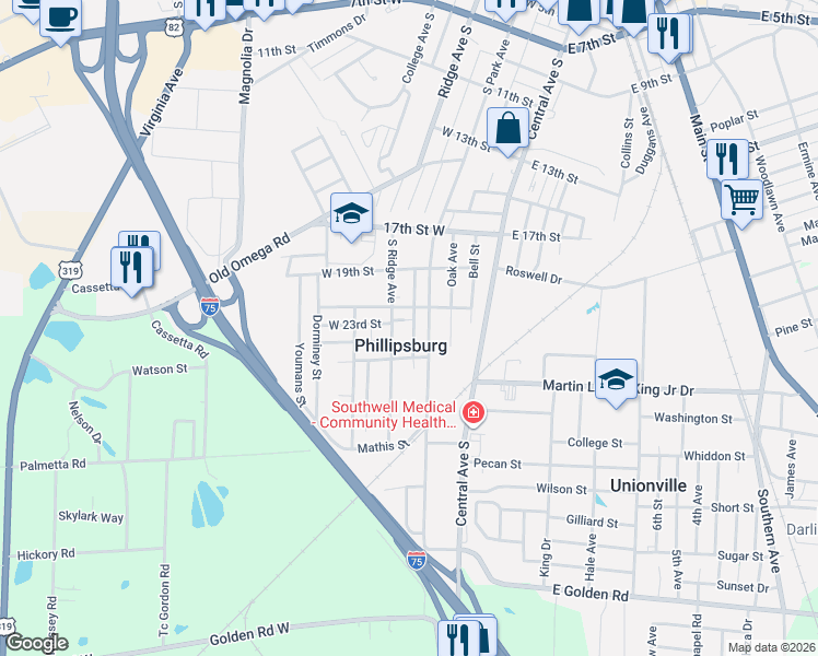 map of restaurants, bars, coffee shops, grocery stores, and more near 2112 Frank Nixon Drive in Tifton