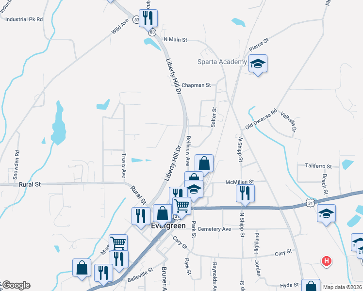 map of restaurants, bars, coffee shops, grocery stores, and more near 161 Liberty Hill Drive in Evergreen
