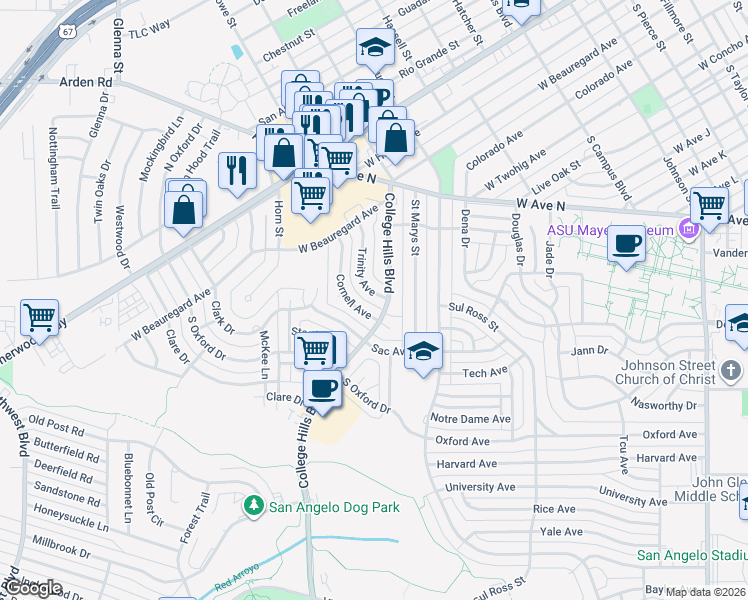 map of restaurants, bars, coffee shops, grocery stores, and more near 3200-3298 Cornell Ave in San Angelo