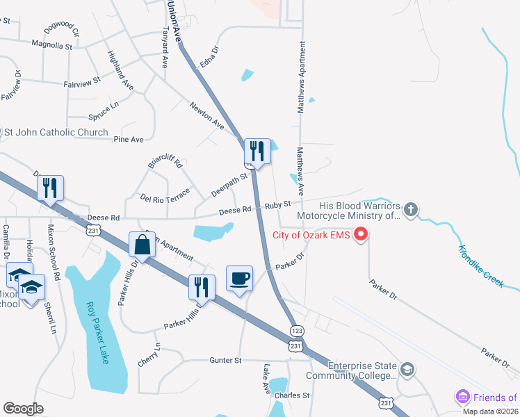 map of restaurants, bars, coffee shops, grocery stores, and more near 1527 South Union Avenue in Ozark
