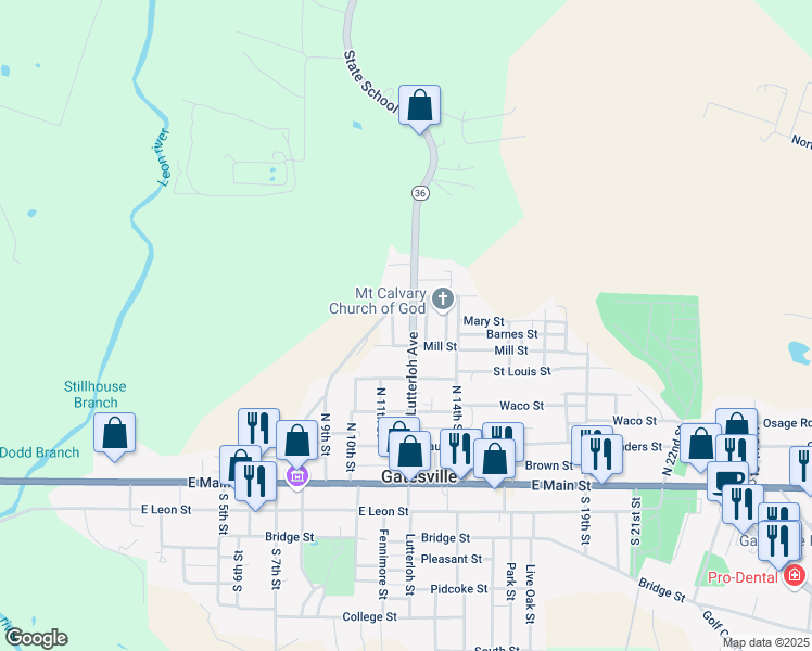 map of restaurants, bars, coffee shops, grocery stores, and more near 505 North Lutterloh Avenue in Gatesville