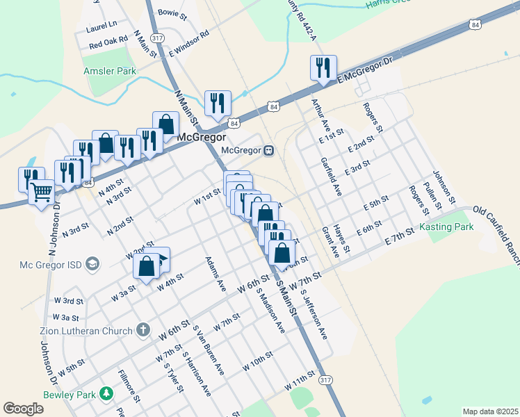map of restaurants, bars, coffee shops, grocery stores, and more near 301 West 3rd Street in McGregor