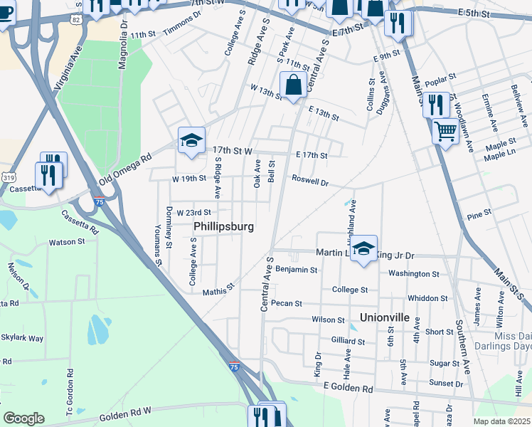 map of restaurants, bars, coffee shops, grocery stores, and more near 2111 Oak Avenue in Tifton