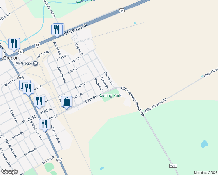 map of restaurants, bars, coffee shops, grocery stores, and more near 801-899 East 7th Street in McGregor