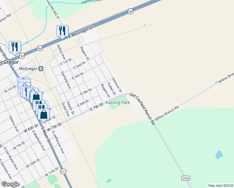 map of restaurants, bars, coffee shops, grocery stores, and more near 801-899 East 7th Street in McGregor
