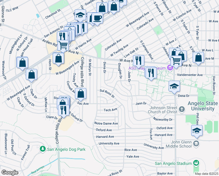 map of restaurants, bars, coffee shops, grocery stores, and more near 2130 Sul Ross Street in San Angelo