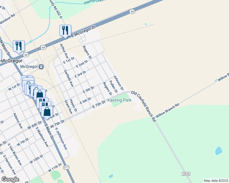 map of restaurants, bars, coffee shops, grocery stores, and more near 631 Pullen Street in McGregor