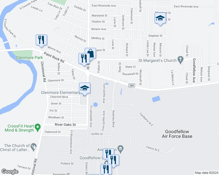 map of restaurants, bars, coffee shops, grocery stores, and more near Perimeter Road North in GOODFELOW Air Force Base