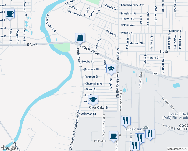 map of restaurants, bars, coffee shops, grocery stores, and more near 1800-1824 Sellers Street in San Angelo