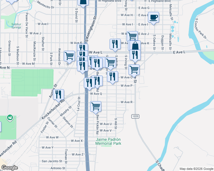 map of restaurants, bars, coffee shops, grocery stores, and more near 2000-2098 South Randolph Street in San Angelo