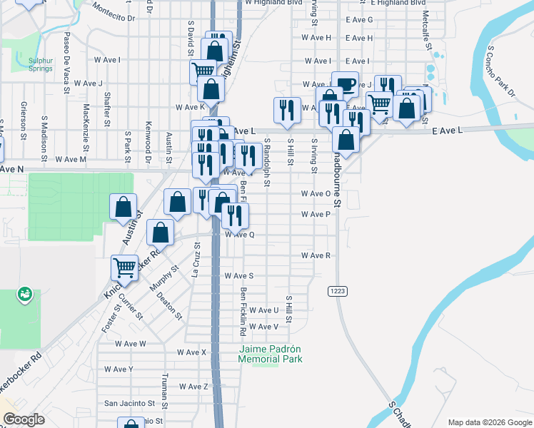 map of restaurants, bars, coffee shops, grocery stores, and more near 2000 South Randolph Street in San Angelo