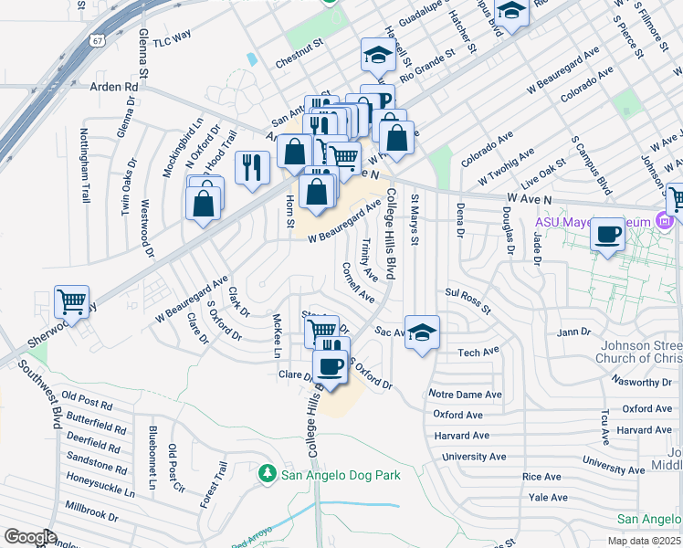 map of restaurants, bars, coffee shops, grocery stores, and more near 3301 Cornell Avenue in San Angelo