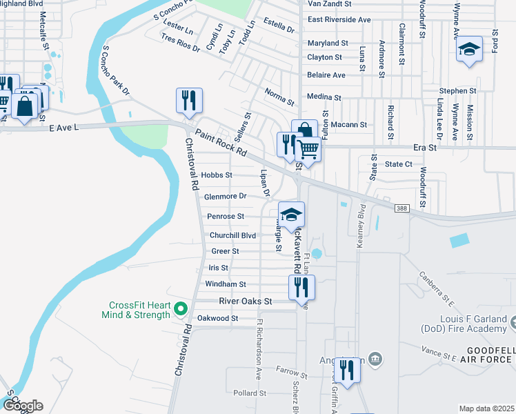 map of restaurants, bars, coffee shops, grocery stores, and more near 200-298 Glenmore Dr in San Angelo