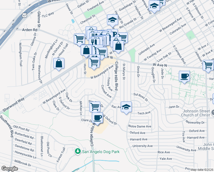 map of restaurants, bars, coffee shops, grocery stores, and more near 3314 Trinity Avenue in San Angelo