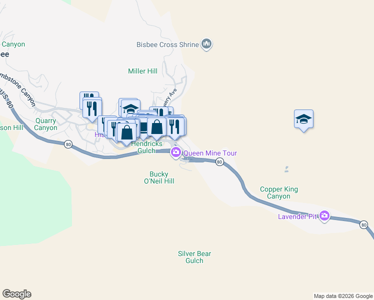map of restaurants, bars, coffee shops, grocery stores, and more near 124B Naco Road in Bisbee