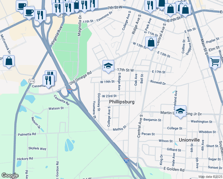 map of restaurants, bars, coffee shops, grocery stores, and more near in Tifton