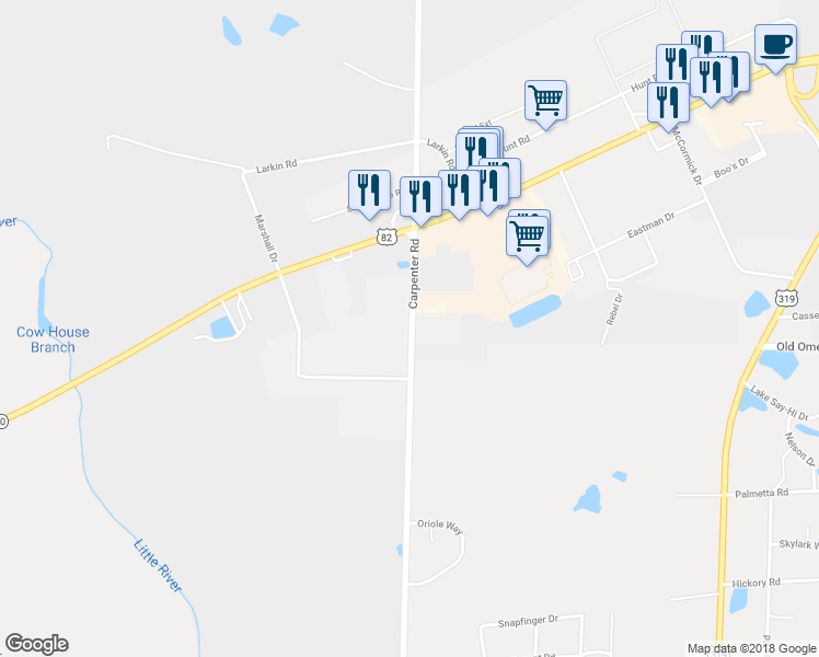 map of restaurants, bars, coffee shops, grocery stores, and more near 2510 Carpenter Road in Tifton
