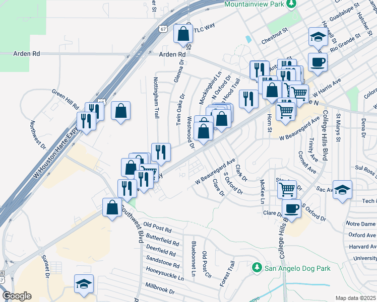 map of restaurants, bars, coffee shops, grocery stores, and more near 101-199 Westwood Dr in San Angelo