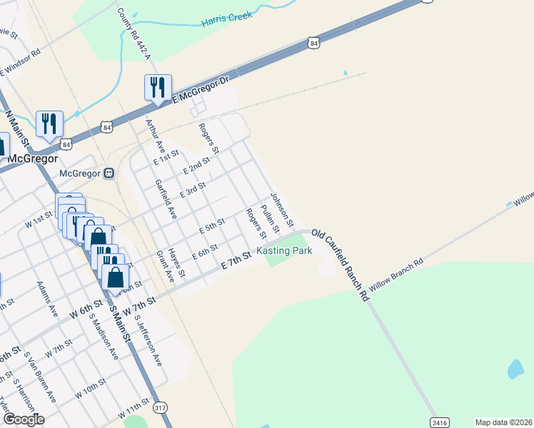 map of restaurants, bars, coffee shops, grocery stores, and more near 512 Pullen Street in McGregor