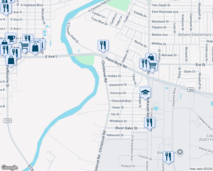 map of restaurants, bars, coffee shops, grocery stores, and more near 1943 Christoval Rd in San Angelo