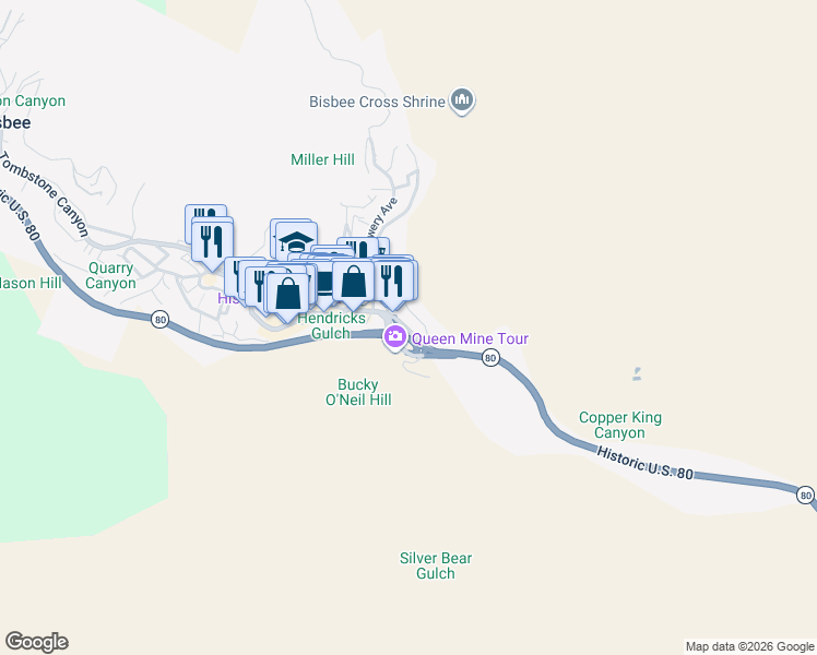 map of restaurants, bars, coffee shops, grocery stores, and more near 124B Naco Road in Bisbee