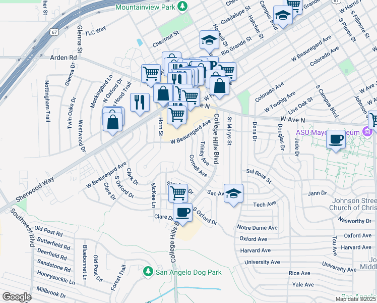 map of restaurants, bars, coffee shops, grocery stores, and more near 3301-3399 Cornell Avenue in San Angelo