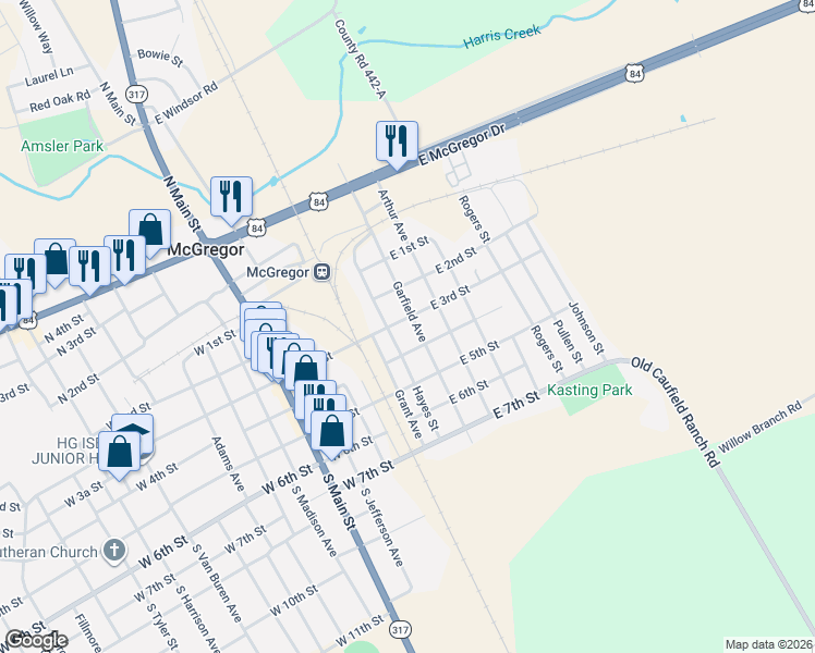 map of restaurants, bars, coffee shops, grocery stores, and more near 301 Garfield Street in McGregor