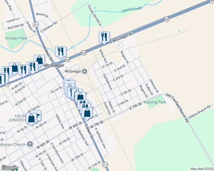 map of restaurants, bars, coffee shops, grocery stores, and more near 301 Garfield Street in McGregor