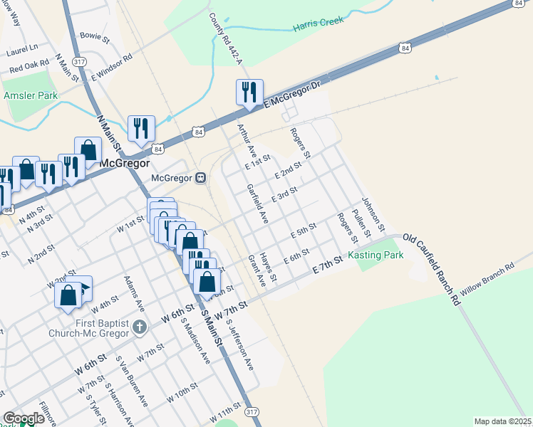map of restaurants, bars, coffee shops, grocery stores, and more near 301 Garfield Street in McGregor