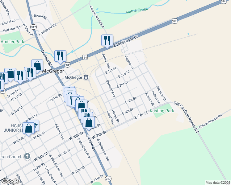 map of restaurants, bars, coffee shops, grocery stores, and more near 301 Garfield Street in McGregor