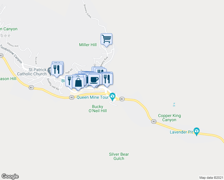 map of restaurants, bars, coffee shops, grocery stores, and more near 124B Naco Road in Bisbee