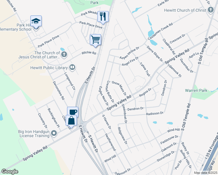 map of restaurants, bars, coffee shops, grocery stores, and more near 912 Crested Butte Dr in Hewitt