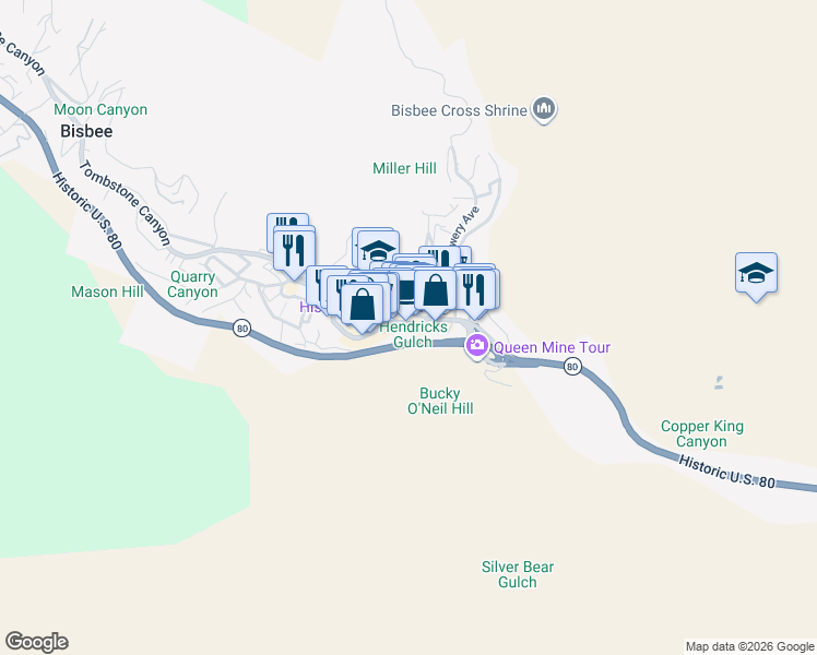 map of restaurants, bars, coffee shops, grocery stores, and more near 27 Subway Street in Bisbee