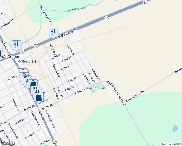 map of restaurants, bars, coffee shops, grocery stores, and more near 512 Pullen Street in McGregor