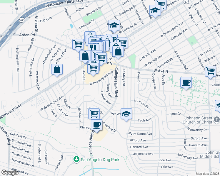 map of restaurants, bars, coffee shops, grocery stores, and more near 3314 Trinity Avenue in San Angelo