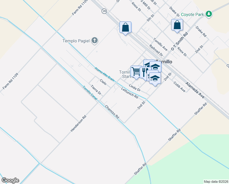 map of restaurants, bars, coffee shops, grocery stores, and more near 19148 Los Lettunich Road in Tornillo