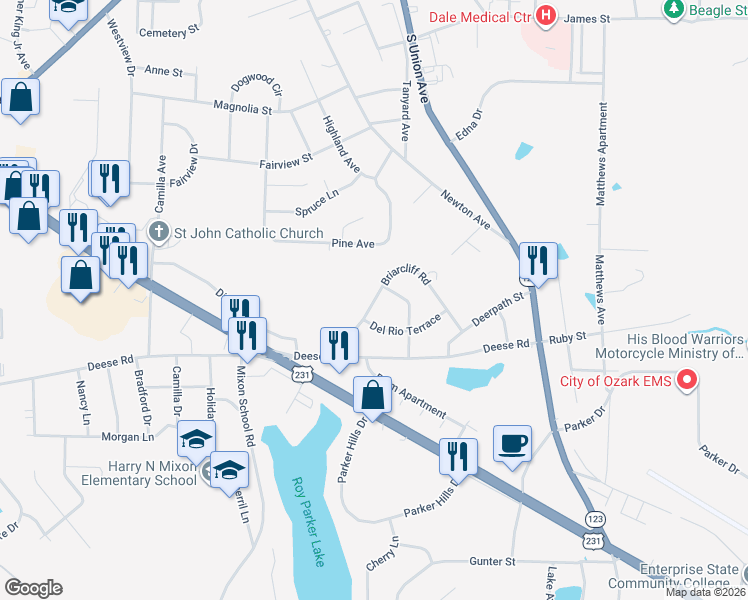 map of restaurants, bars, coffee shops, grocery stores, and more near 421-499 Briar Cliff Road in Ozark