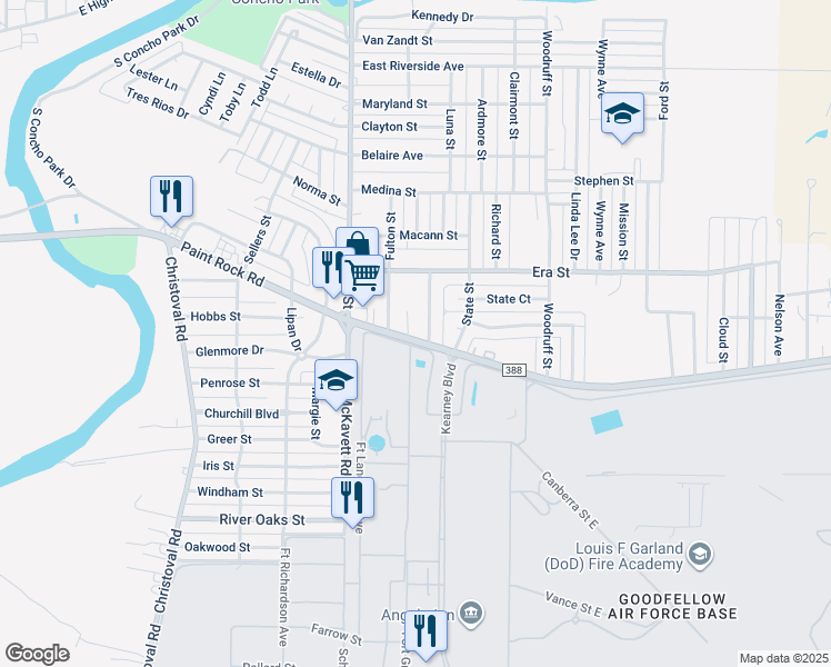 map of restaurants, bars, coffee shops, grocery stores, and more near Perimeter Rd N in San Angelo