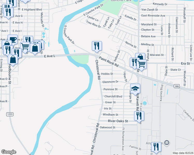 map of restaurants, bars, coffee shops, grocery stores, and more near 1829-1943 Christoval Rd in San Angelo