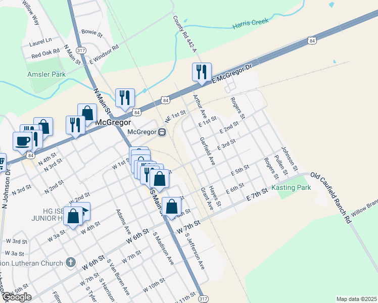 map of restaurants, bars, coffee shops, grocery stores, and more near 213 Hayes Ave in McGregor