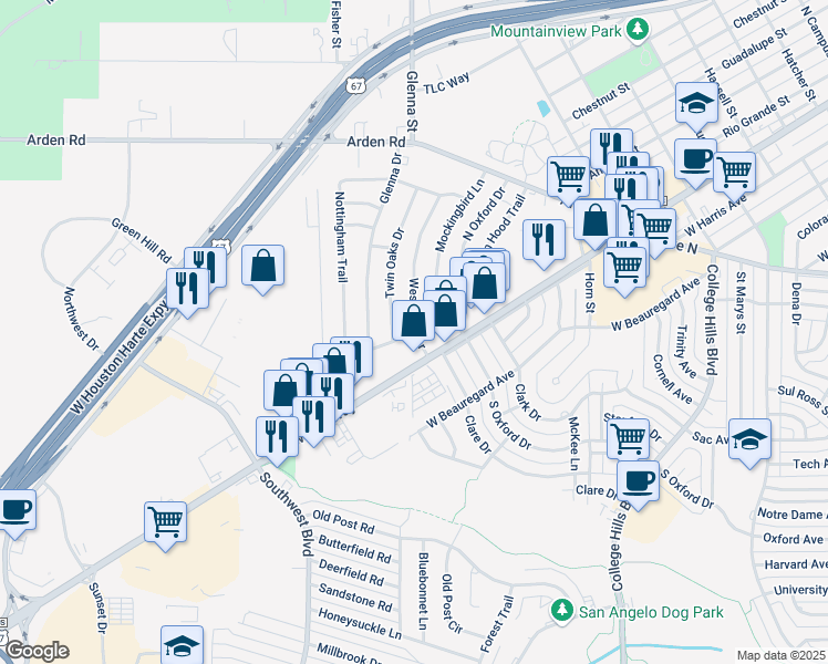 map of restaurants, bars, coffee shops, grocery stores, and more near 199 Westwood Dr in San Angelo